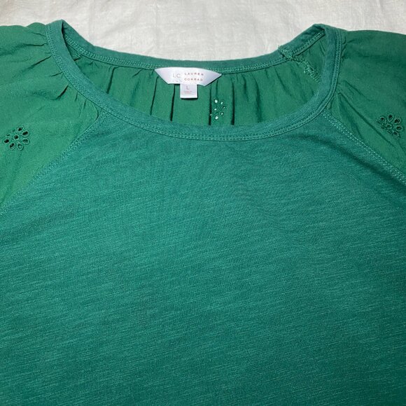 LC Lauren Conrad Peasant Blouse Womens L Drk Green Embroidery Flutter Sleeve EUC - Picture 8 of 12
